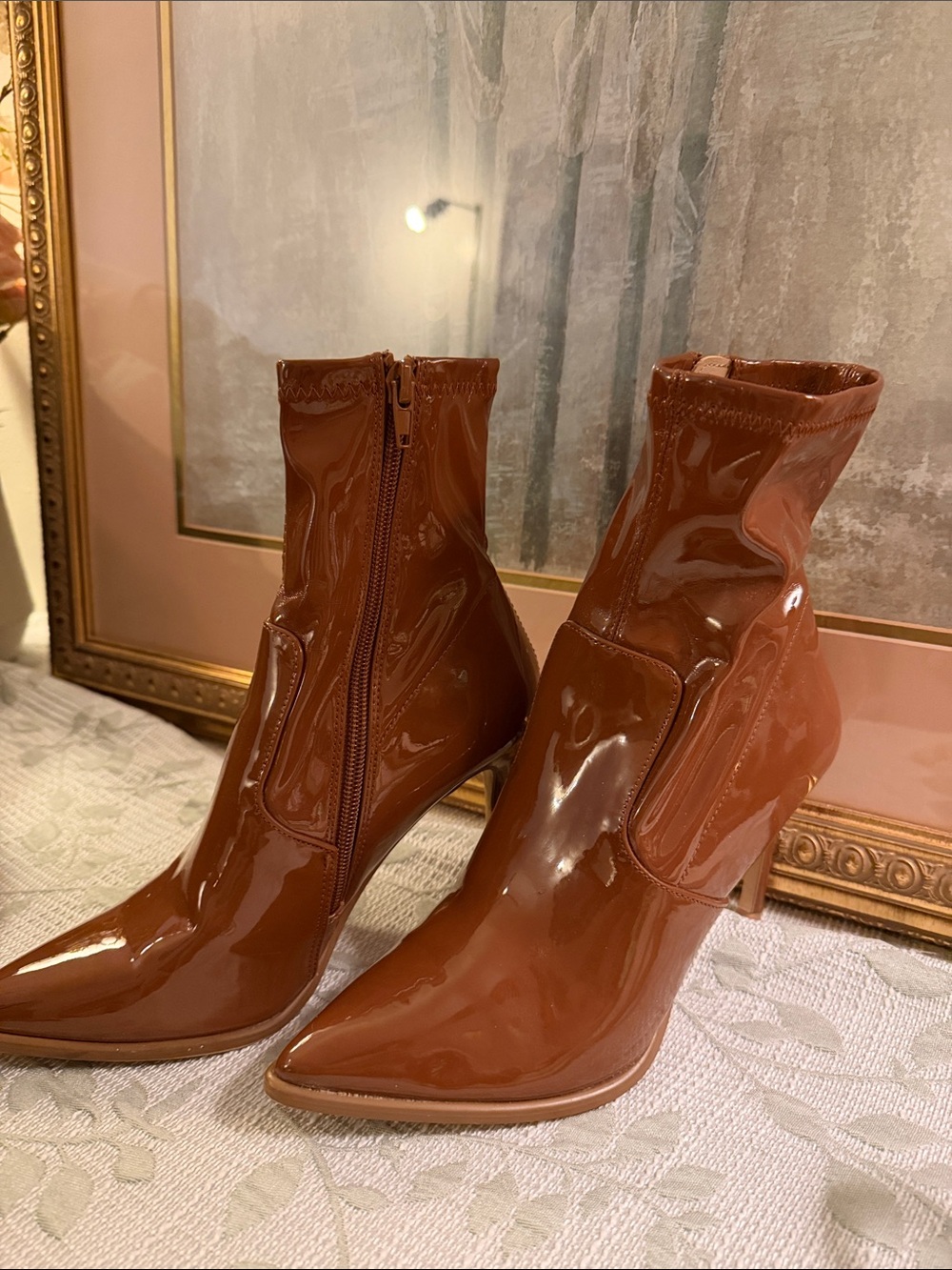 Steve Madden Patent Pointed Toe Ankle Boots - Cognac Brown